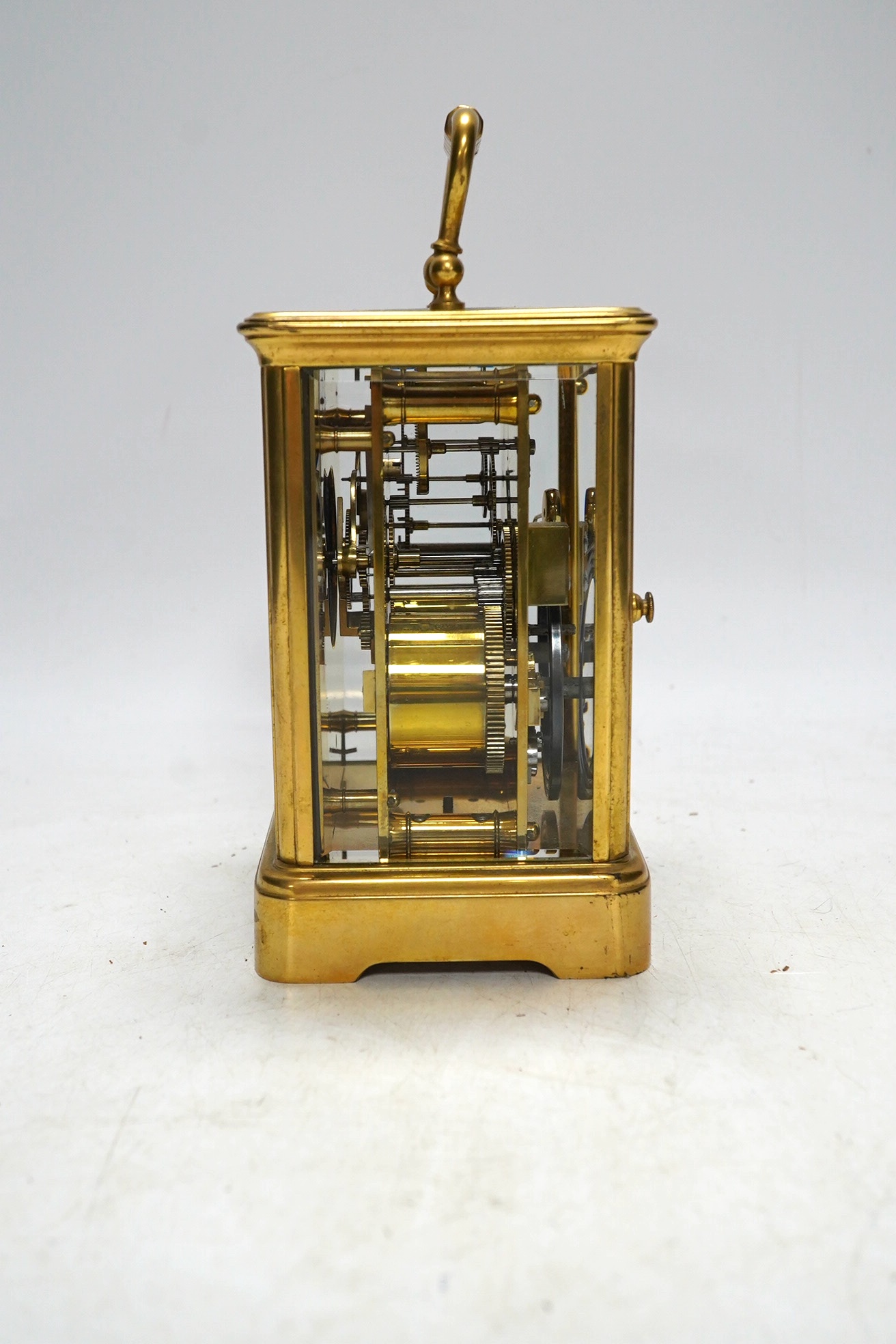 An early 20th century French brass carriage clock by R & Co., Paris. 14.5cm tall. No key. Condition - fair. Not tested as working